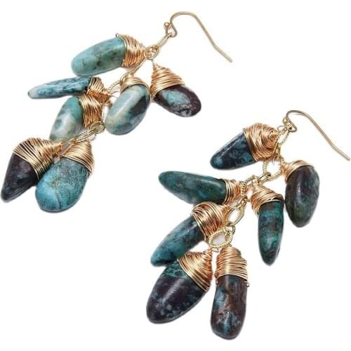 GG Jewelry Natural Green Chrysocolla Jaspers Real Stone Wrap Gold Color Plated Hook Dangle Earrings