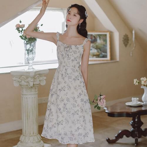 Chiffon Floral Sleeveless Sling Dresses Women 2021 Summer Bowknot Lace Sweet Cute Square Neck Elegant Fairy Dress