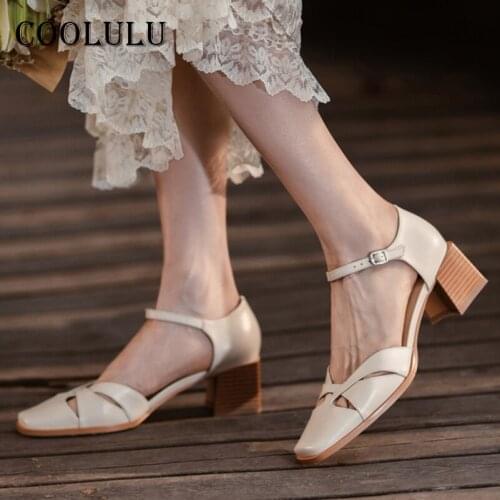 COOLULU Natural Genuine Leather High Heels Two Piece Shoes Woman Block Heel Dress Pumps Buckle Square Toe Footwear Female Beige