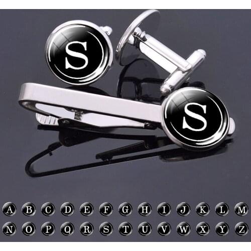 26 Letters Simple Necktie Clip Gentleman Cufflinks Tie Clips Set for Mens Glass Cabochon Jewelry Wedding Birthday Gift Package