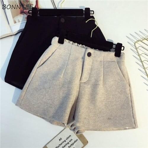 Women Shorts Winter Solid Button Fly Elastic Leisure Korean Style Lady Simple All-match Chic Ulzzang Pockets Trousers Female New