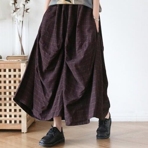 Johnature Vintage Wide Leg Pants For Women Plaid Elastic Waist Trouser 2021 Autumn New Loose Soft Women Cloths Retro Pants