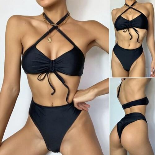 Womens Cross Sexy Split Swimsuit Solid Color High Waist Halter Bikini Black