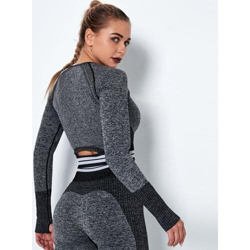 Women Seamless Top Long Sleeve Yoga T Shirts Cropped Top Fitness Gym Shirt Sexy Hollow Mesh Sports Top Striped Knitted T Shirts