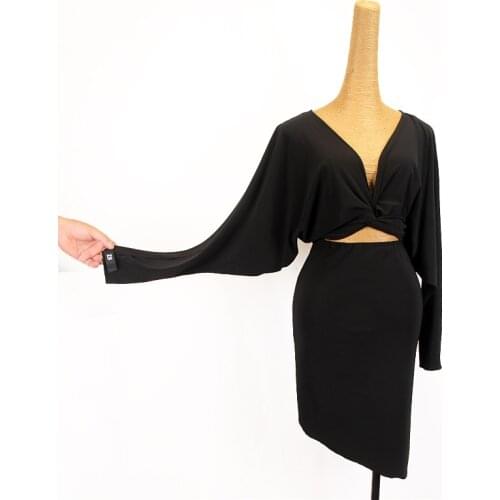 Latin Dance Costumes Women Long Sleeves Black Dress V-Neck Bat-Sleeved Latin Practice Dress Samba Salsa Show Clothing DNV15172