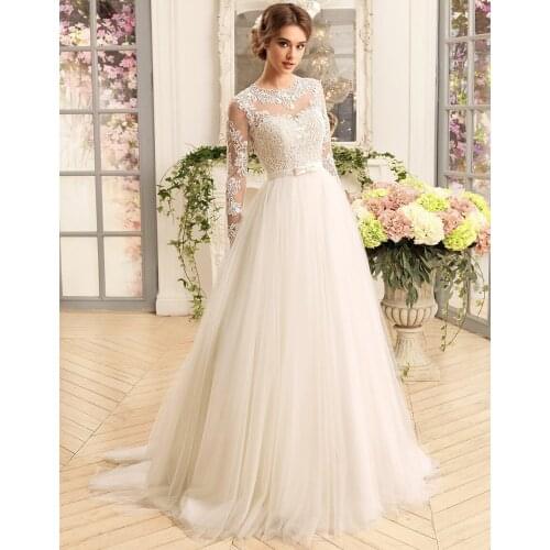 Gorgeous Long Sleeve Wedding Dresses 2021 O-Neck Lace A-line Tulle Bridal Gown Applique Open Back Robe Mariee