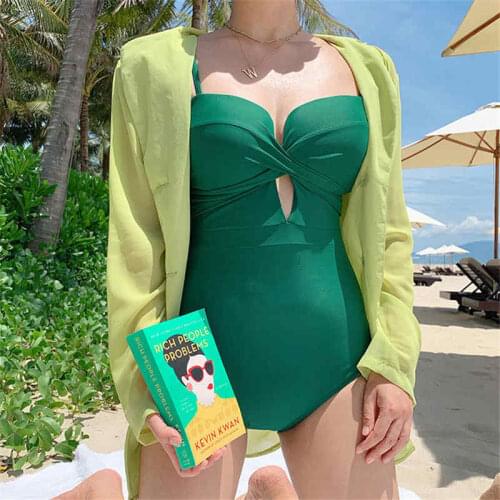 2020 Hot Sexy Bandeau One Piece Swimsuit Women Solid Swimwear Push Up Pad Swim Suit Wrap Green Bathing Suit Cut Out
