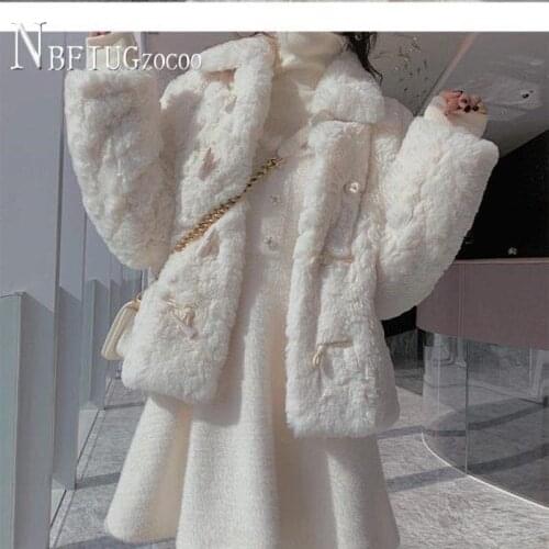 2020 Winter New Faux Rabbit Fur Women Coat Horn Button Thick Slim Loose Female Jacket