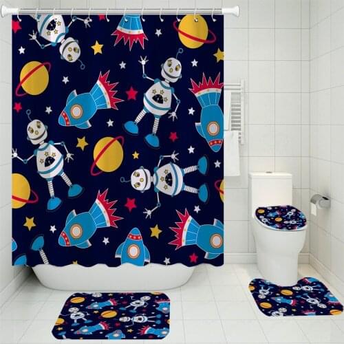3/4 Pieces Little Robot Shower Curtains Sets Cartoon Animals Carpet U-shaped Pad Toilet Mat Carpet3D Print Colorful Bathroom Set