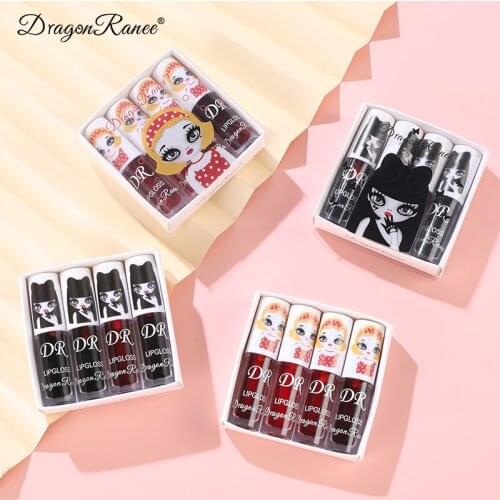 4pcs/set Cute Dyeing Lip Tint Gloss Long-Lasting Liquid Lipstick Waterproof Sexy Red Lovely Sweetly Flavor Makeup TSLM1
