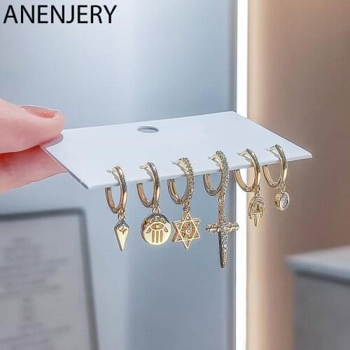 ANENJERY 6 pieces/set 925 Sterling Silver Micro Zircon Cross Stars Eye Palm Hoop Earrings Set Creativity Women Earrings