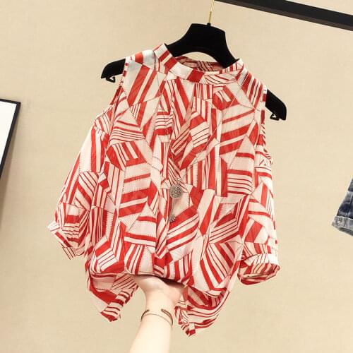 Womens Spring Summer Chiffon Blouses Shirt Womens O-neck Patchwork Off Shoulder Printed Button Korean Tops SP187