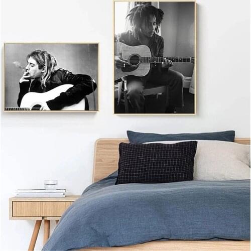 Kurt Cobain Rock Music Band Singer Star Wall Art Canvas Painting Guitar Poster Black And White Print Wall Pictures Home Decor