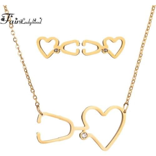 Fairladyhood Summer New Jewelry Ladies Exquisite Stethoscope Clavicle Chain Set Stainless Steel Stud and Necklace Jewelry Set