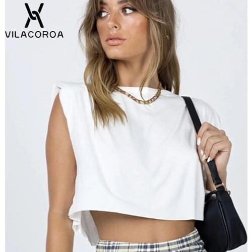 Pullover Shoulder Pads Basic Women T-Shirt Office Lady Loose Cropped Tops Street Round Neck Oversized Tshirt Female Summer Shirt