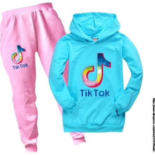 Tik Tok Cotton Printing New Spring and Autumn Boys and Girls Hoodie Sweatshirt Childrens Leisure Sports Suit 2-piece Set