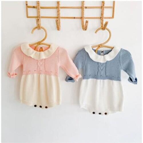 2021 Spring Autumn Infant Baby Girls Doll Collar Rompers Baby Bodysuit Long Sleeve Rompers Baby Girls Pure Color Romper