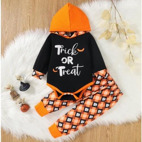 Kids Baby Halloween Two-piece Clothes Set Black Printed Pattern Long Sleeve Hooded Romper Pants Baby Costume Sets