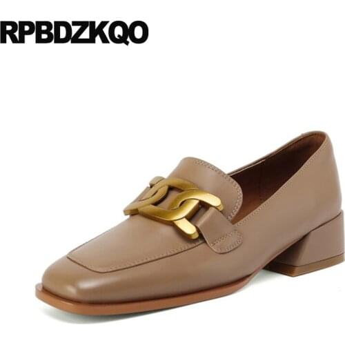 Square Toe Metal Leather Pumps Low Heels Thick Shoes Celebrity Size 4 34 Vintage Modern Ladies High Quality Runway Genuine 2021