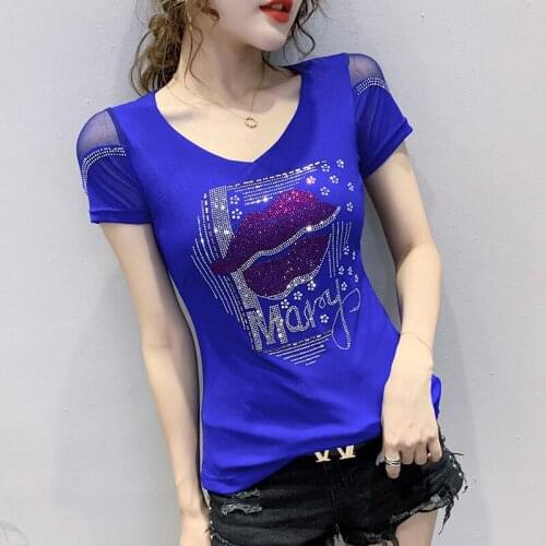 Summer Korean Clothes T-shirt Fashion Diamonds Lip Women Tops Dunayskiy Cotton Short Sleeve Lace Sexy Back Shirt Tee New