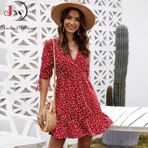 Fashion Women Summer Mini Dress Elegant Casual V Neck Half Sleeve Floral Print Vintage Pleated Sundress Beach Wear Vestidos