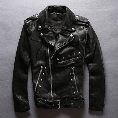 Fashion rivet slim fit leather motorcycle jacket men tight style black sheepskin moto biker jacket for men punk leather coat men