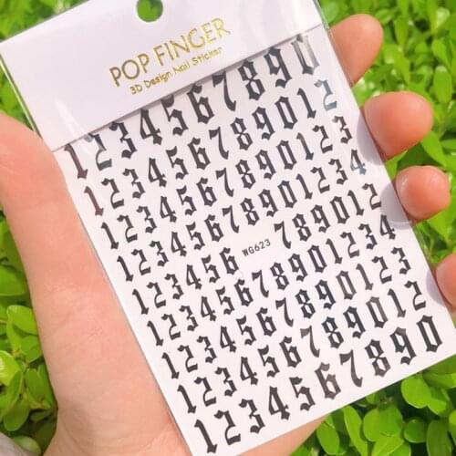 New Old English Big Size 80mm*103mm Numbers Nail Sticker Decals Wrap 3D Nail Art Supplies 6 Color Letter Number Sticker
