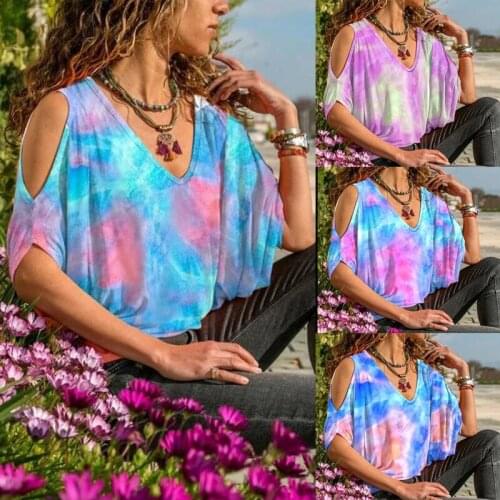 New Womens Bat-sleeve Strapless Short-sleeved T-shirt Top Polyester Tie-dye Casual Printing Short-sleeved Plus Size T-shirt