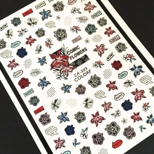 Newest CA-303 comic flower pattern 3d nail sticker decals stamping template Japan type back glue DIY decoration accessory