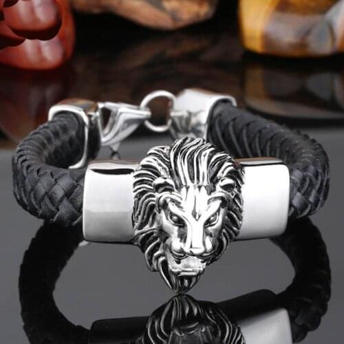 Wholesale new fashion fine jewelry men great black leather stainless steel bracelets vintage lion bangle male accessories