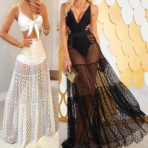 Sagace Beach Resort skirt swimsuit with perspective round dot single layer mesh pleated Black Medium Length Skirt