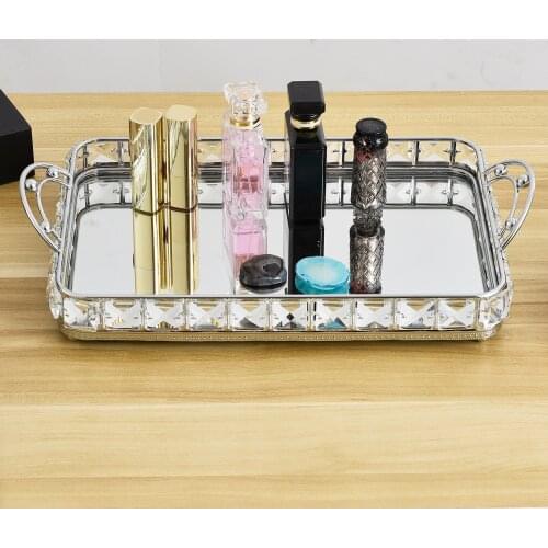 Luxury Mirror Crystal Vanity Perfume Tray Bathroom Decorative Tray Dresser silver