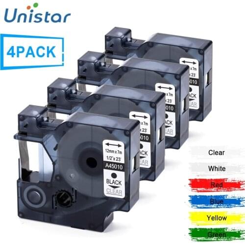 Unistar 4PCS Black On White A45013 Compatible for Dymo and for D1 Label Printer Label Tape 12mm LabelManager A45010 A45018 A4501