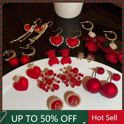 2021 Women Multiple Red Color Cattle Love Heart Earrings Female New Year Metallic Round Geometric Long Tassel Drop Earrings