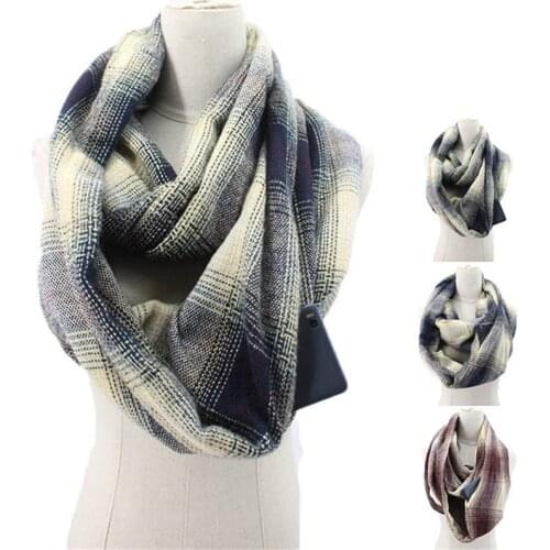2019 plaid winter scarf with pocket knitted Warm Convertible Journey Women&Man Wrap with Secret Hidden Zipper Pocket infinity