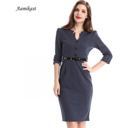AAMIKAST 2019 Women Dresses Fashion V-neck Three Quarter With Belt Buckle Button Work Business Pencil Bodycon Party Dresses