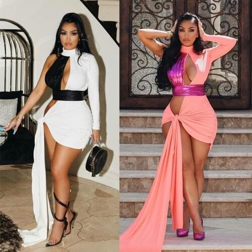 Sexy One Shoulder Party Dress Patchwork Pu Cut out Club Wear Lace Up Dresses Back with Zipper Women Night Evening Dress 2021