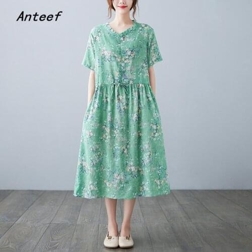 Short sleeve cotton vintage floral dresses for women casual loose long woman summer dress elegant clothes 2021