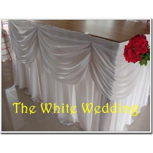 2pcs 21ft wide x 29'' high Ice Silk Table Skirting with Swag for Wedding Table Decoration with metal clips white color