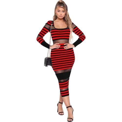AHVIT Striped Mesh Patchwork Fashion Skinny Women Dress Long Sleeve Square Collar Sexy Party Maxi Dress WMZ-2476