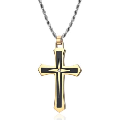 Unisex Stainless Steel 316L Jewelry Long Chain Zircon Contrast Color Men Gold Tone Cross Pendant Necklace 46*30mm