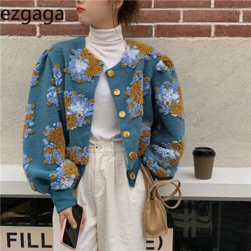 Ezgaga Chic Women Sweater Three-dimensional Flower Korean Ins Outwear Cardigan Lantern Long Sleeve Fashion Loose Vintage Elegant