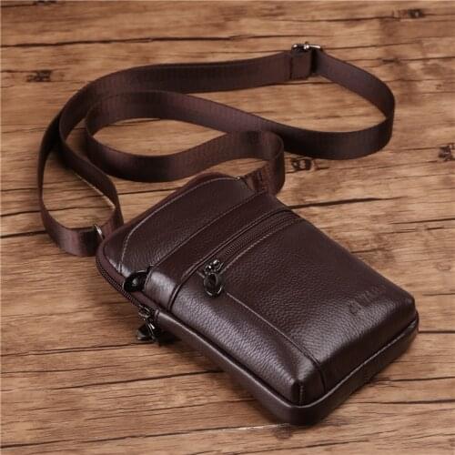 Genuine Leather Mens Small Shoulder Messenger Bags Cross Body Mobile Phone Pouch Case Belt Purse Fanny Waist Packs Multi Pocket