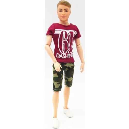 Fashion Casual Wear For Ken Doll Red T-Shirt + Camouflage Shorts For Barbies Boyfriend Ken Doll Prince Ken Male Dolls Clothes