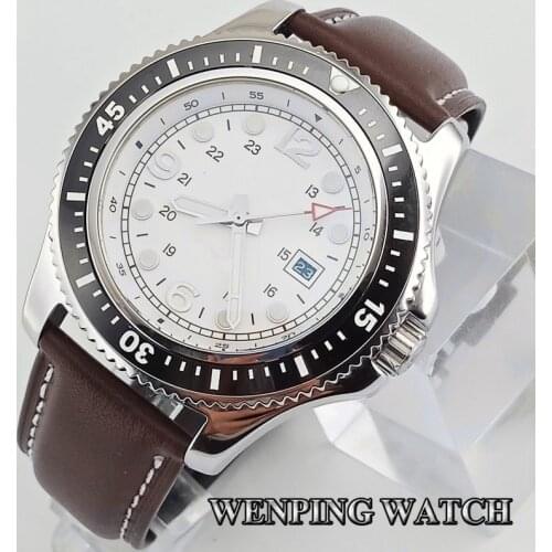 Bliger 44mm mens top luxury watch silver case ceramic bezel white sterile dial date luminous leather strap mens automatic watch