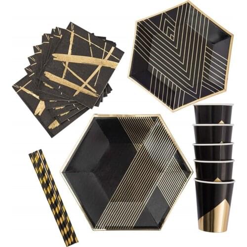 Black Gold Foil Tableware Set Paper Party Disposable Paper Plates Cups Napkins Straws Party Baby Shower Birthday Party Supplies