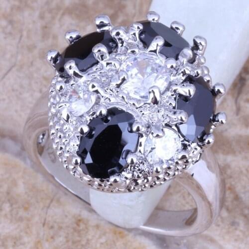 Ravishing Black Cubic Zirconia White CZ Silver Plated Womens Jewelry Ring Size 6 / 7 / 8 / 9 R0564