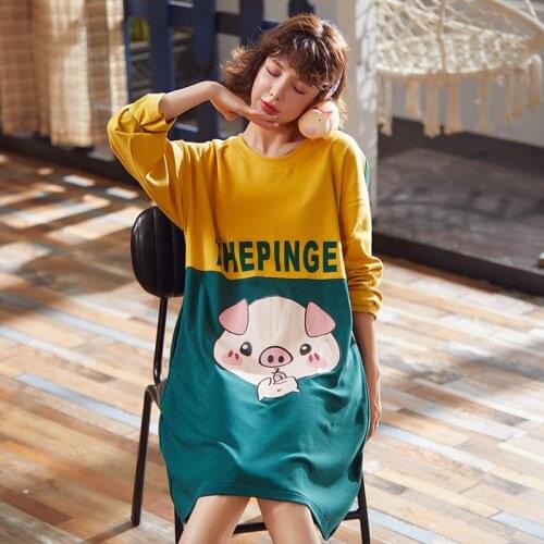 Casual Night Dress Womens Sleepwear Pijama Autumn Cotton Nightgowns Female Cartoon Nightwear Homewear Long Sleeved Nightdress