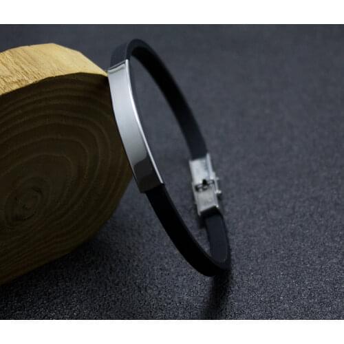 Casual Vintage Fashion Handmade Black Rubber Bracelet Silver Color Stainless Steel Bar Silicone Mens Hand Strap