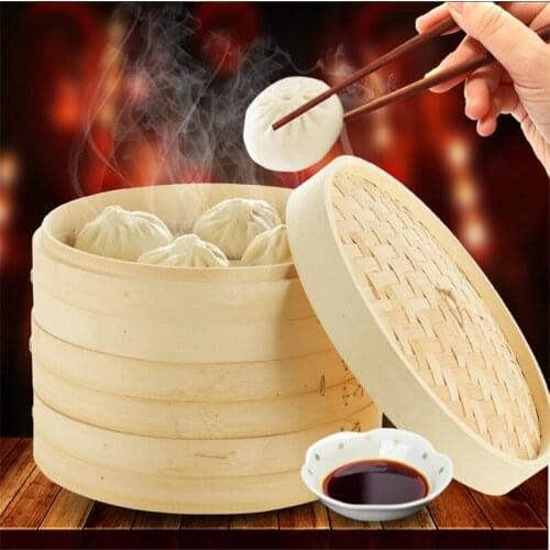 Durable Cookware 2 Tiers Healthy Bamboo Steamer Dim Sum Basket Rice Sum Pasta Cooker Set With Lid Chinese Kitchen Cookware